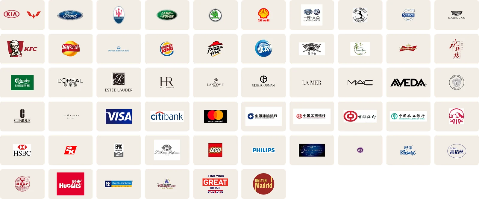 iMAD² 服务过的品牌，包括 Ford、KFC、L'Oréal、Visa、2K、LEGO 等